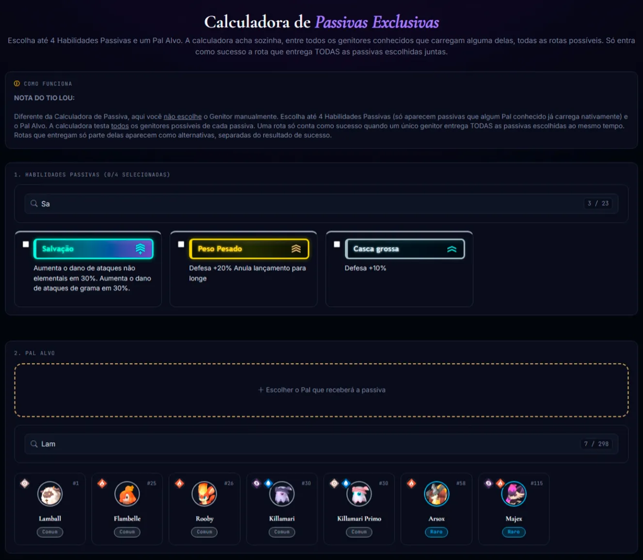 Tela inicial da Calculadora de Passivas Exclusivas
