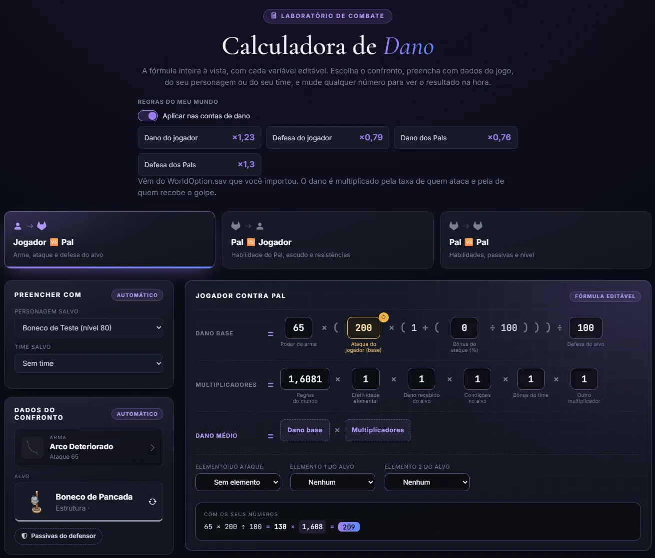 Exemplo de uso da Calculadora de Dano com configurações customizadas do mundo